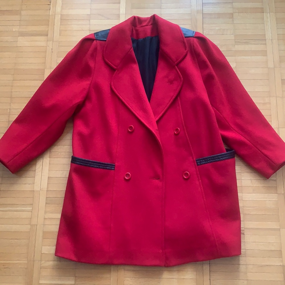 Red 100% Wool Coat with Puff Sleeves and Black Shoulder Pocket Detail